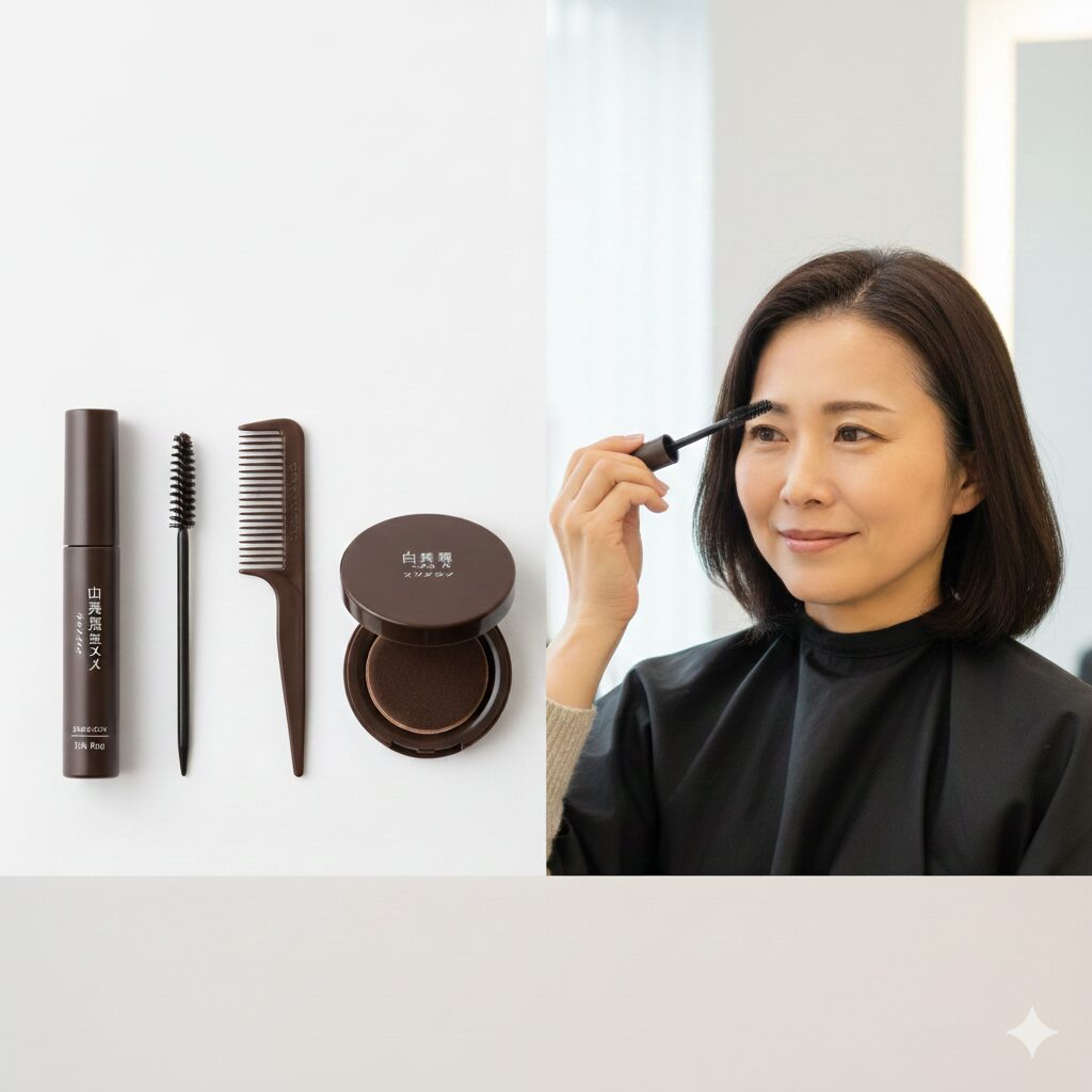 2週間目の白髪を隠すためのマスカラ、コーム、ファンデーションタイプのアイテム群と使用例