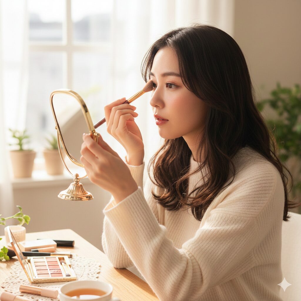 「鏡を見ながらアイシャドウを塗る日本人女性」