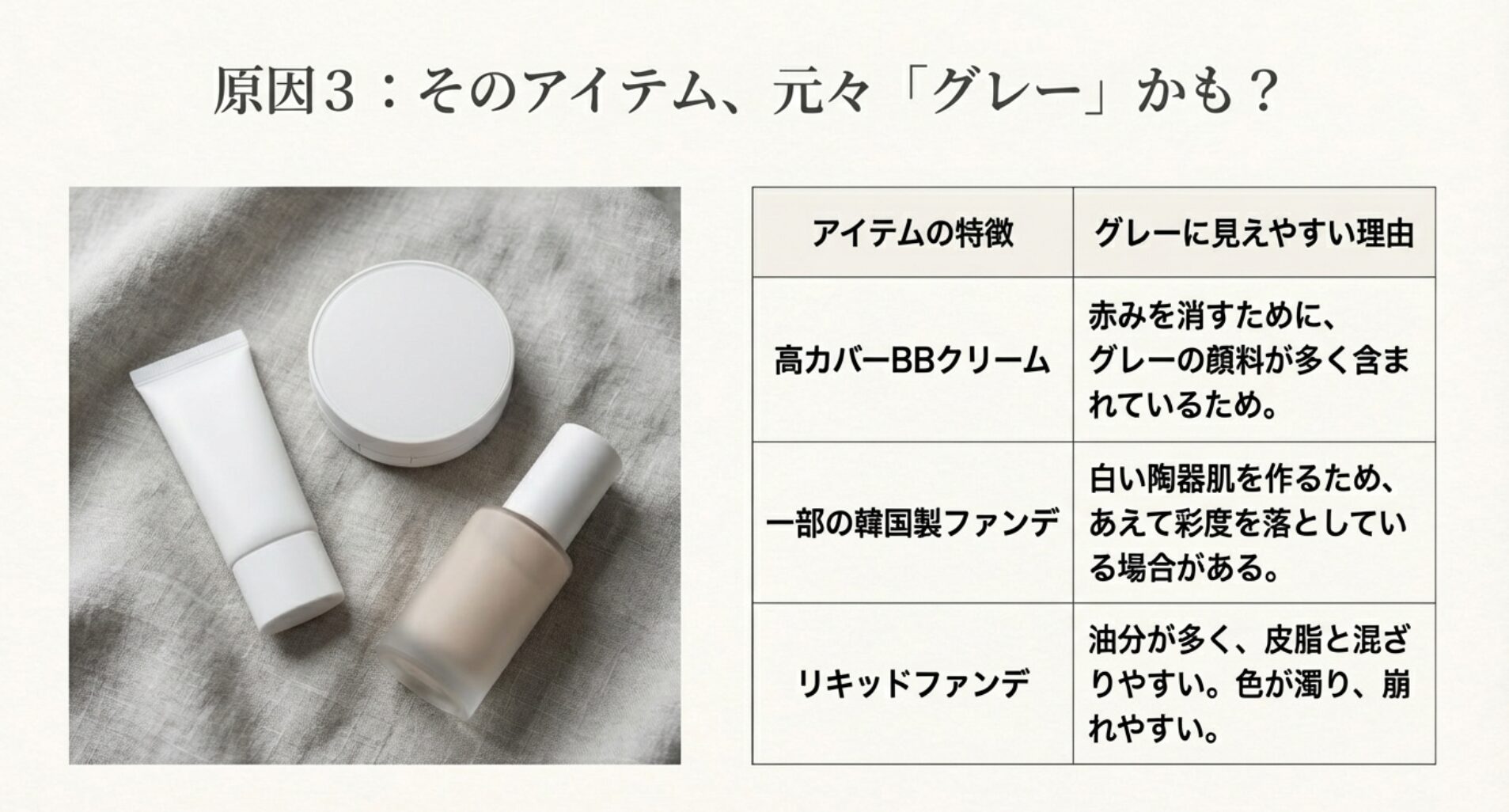 カバー力の高いBBクリームや韓国製ファンデーションに含まれるグレー顔料の特徴と原因