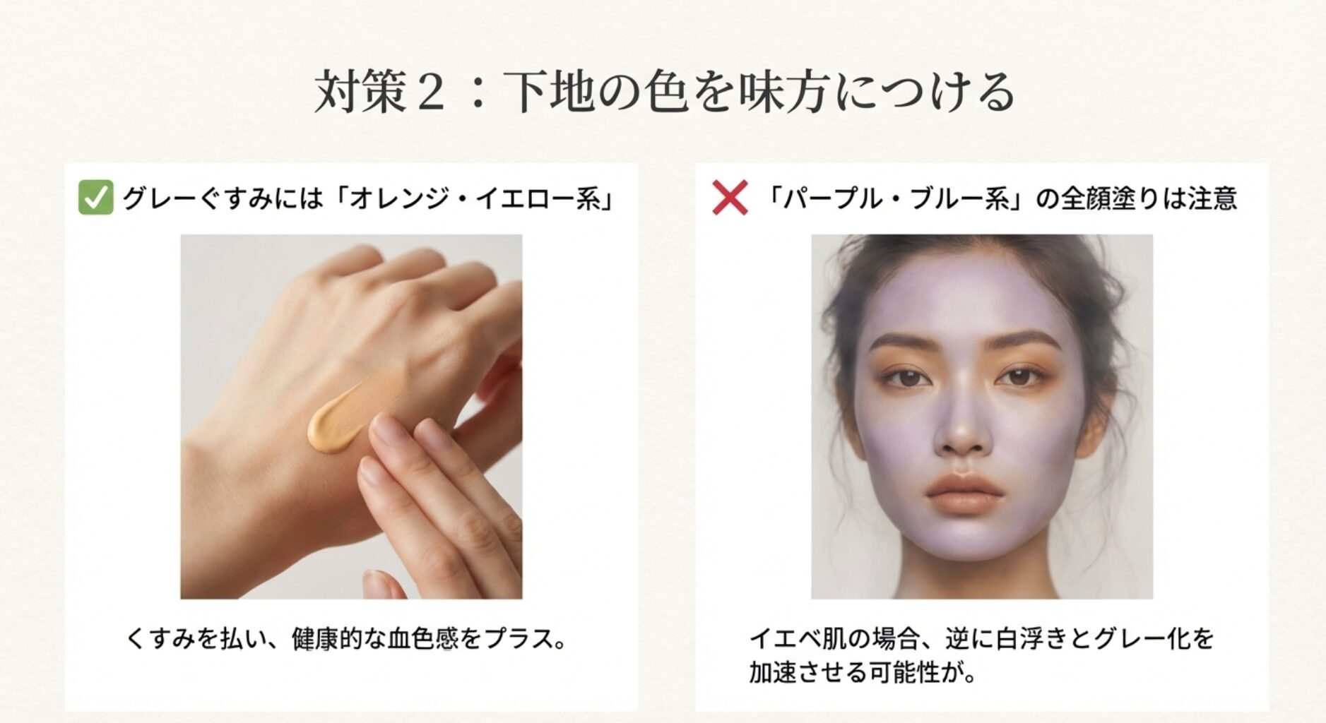 グレーくすみにはオレンジ・イエロー系の下地が有効。パープル系は白浮きの原因になるため注意。