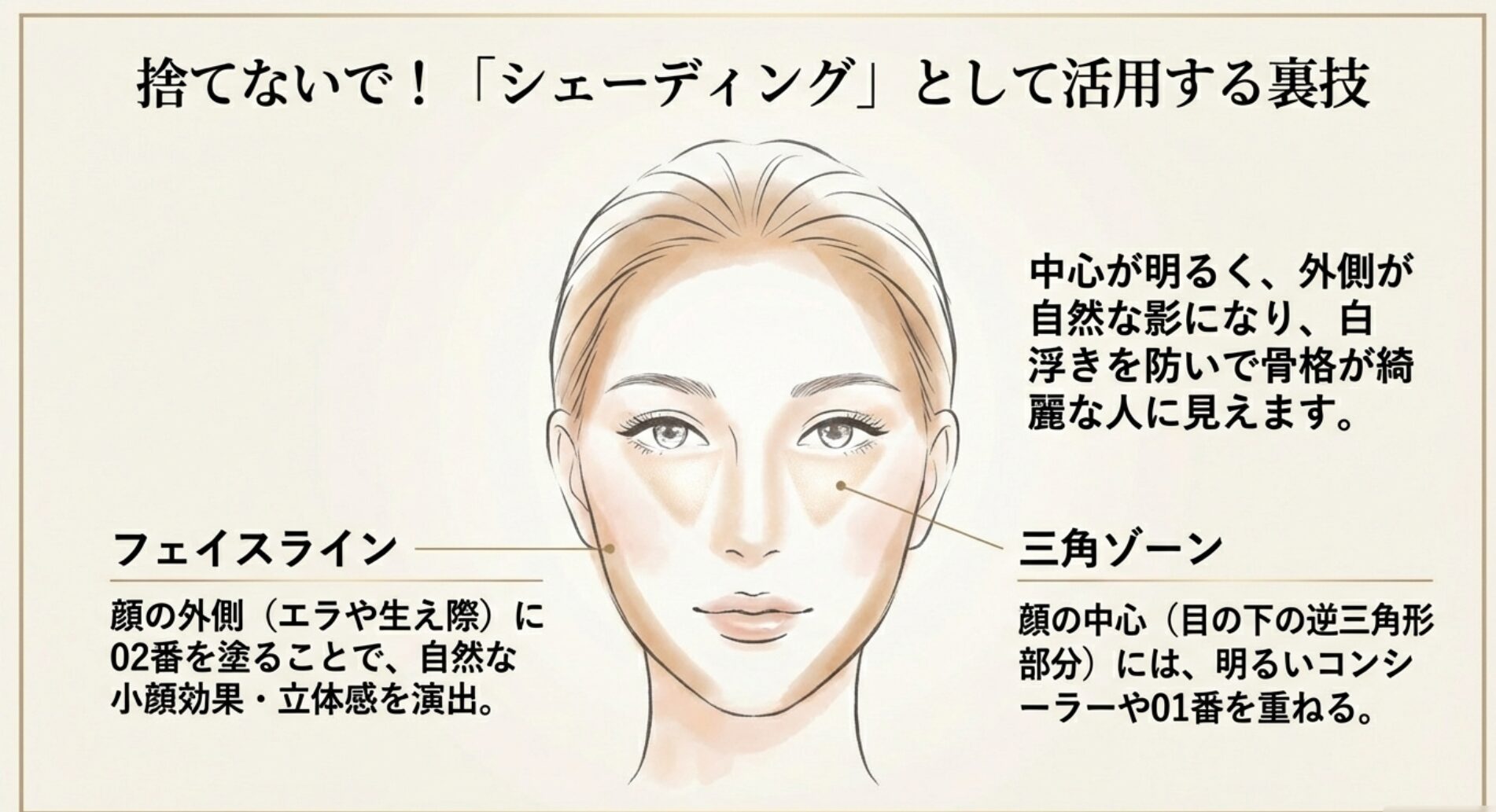 顔の外側に02番、中心に明るい色を塗ることで小顔効果を出すメイク方法の図解