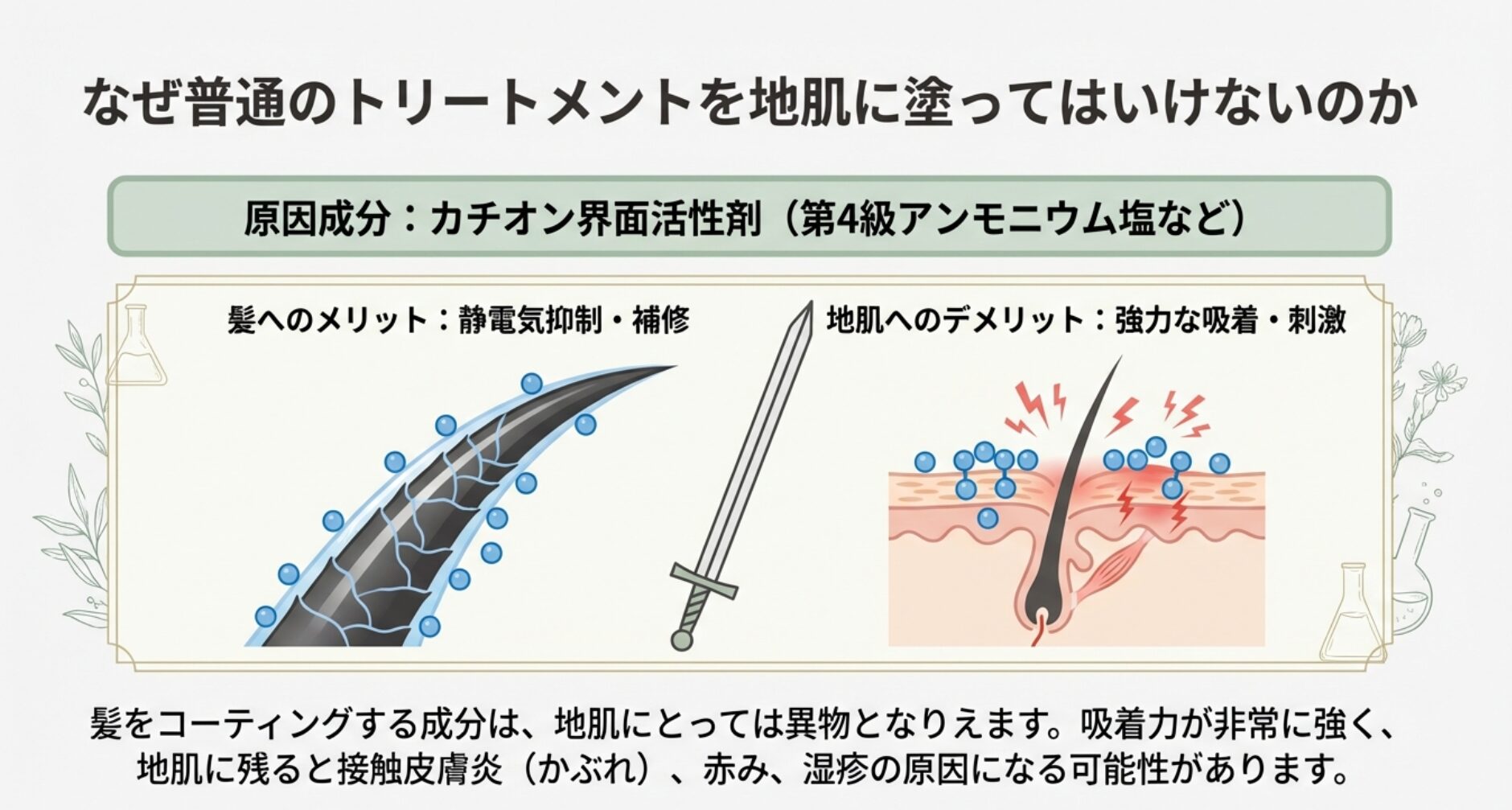 髪の補修成分であるカチオン界面活性剤が、地肌に残ると刺激や接触皮膚炎の原因になる仕組みの解説