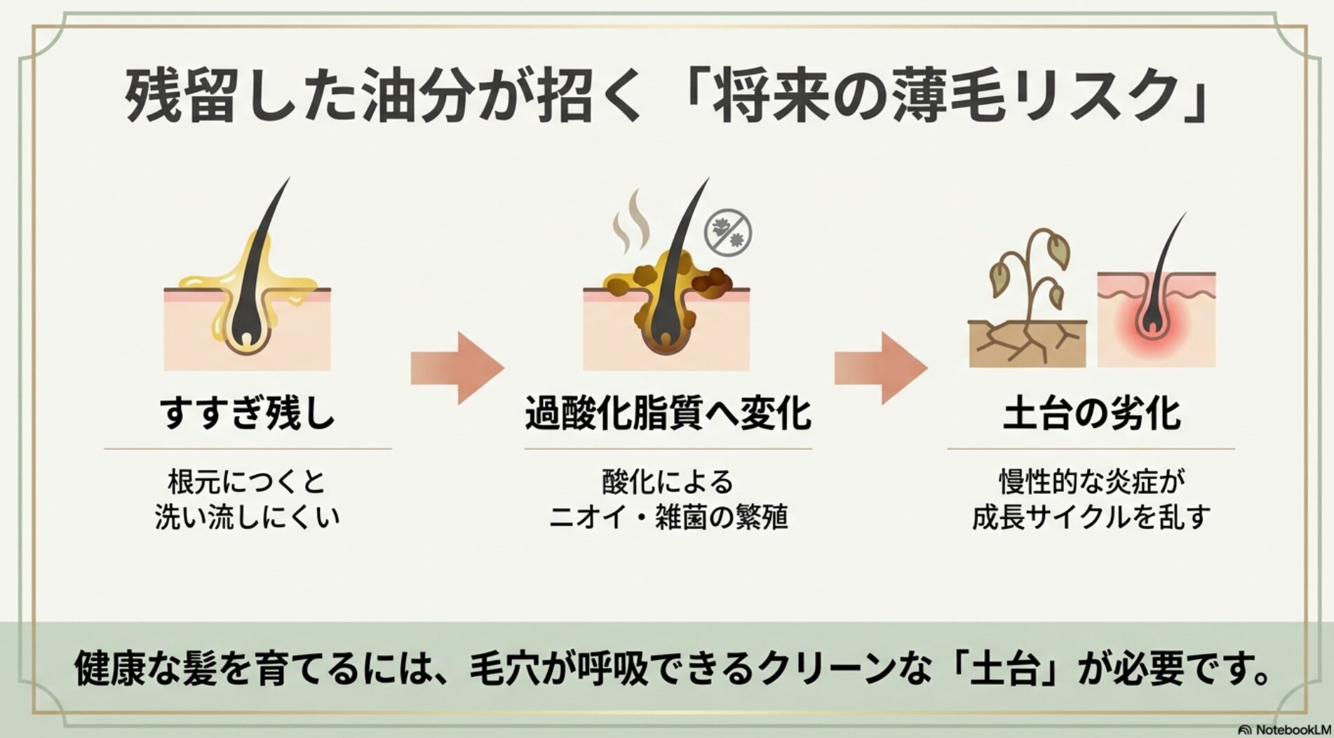 トリートメントのすすぎ残しが過酸化脂質へ変化し、ニオイや雑菌の繁殖、慢性的な炎症を引き起こす成長サイクルの乱れの図解
