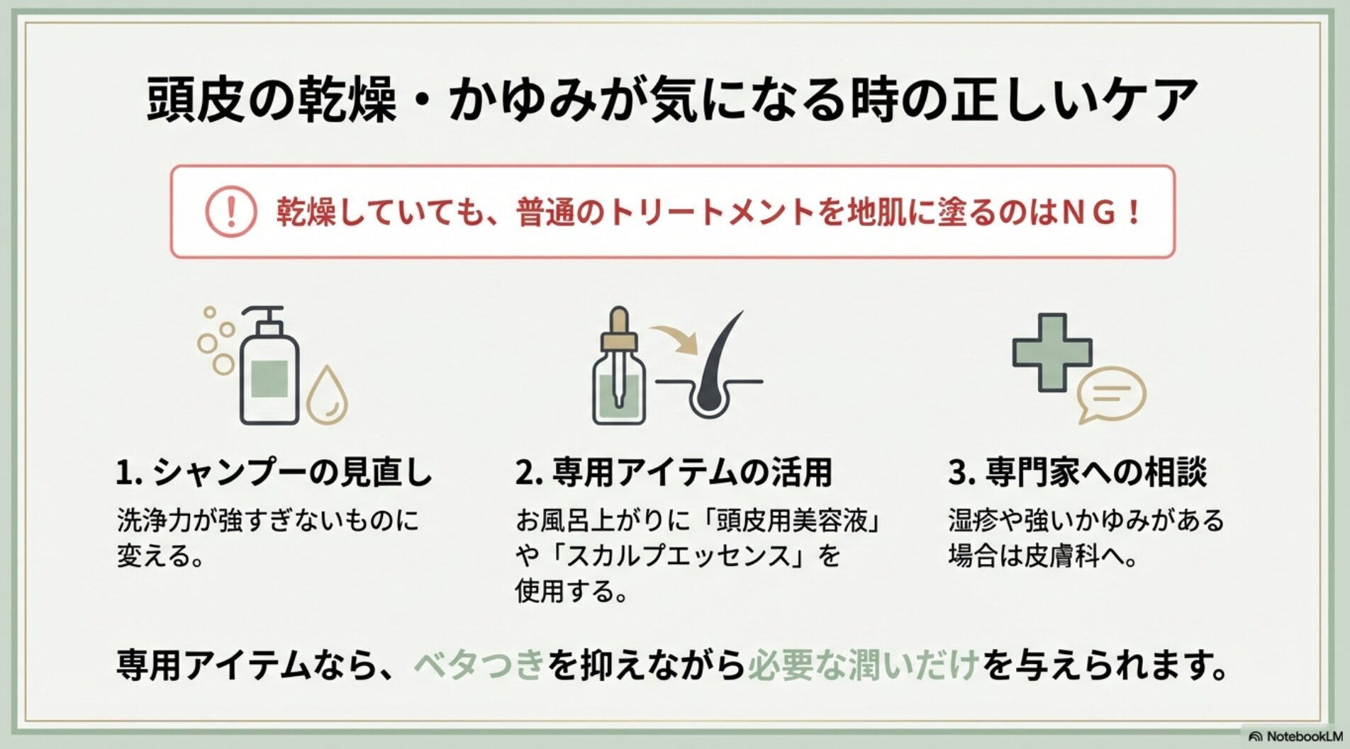 シャンプーの見直し、頭皮用美容液の活用、専門家への相談という、乾燥した地肌への適切なステップ