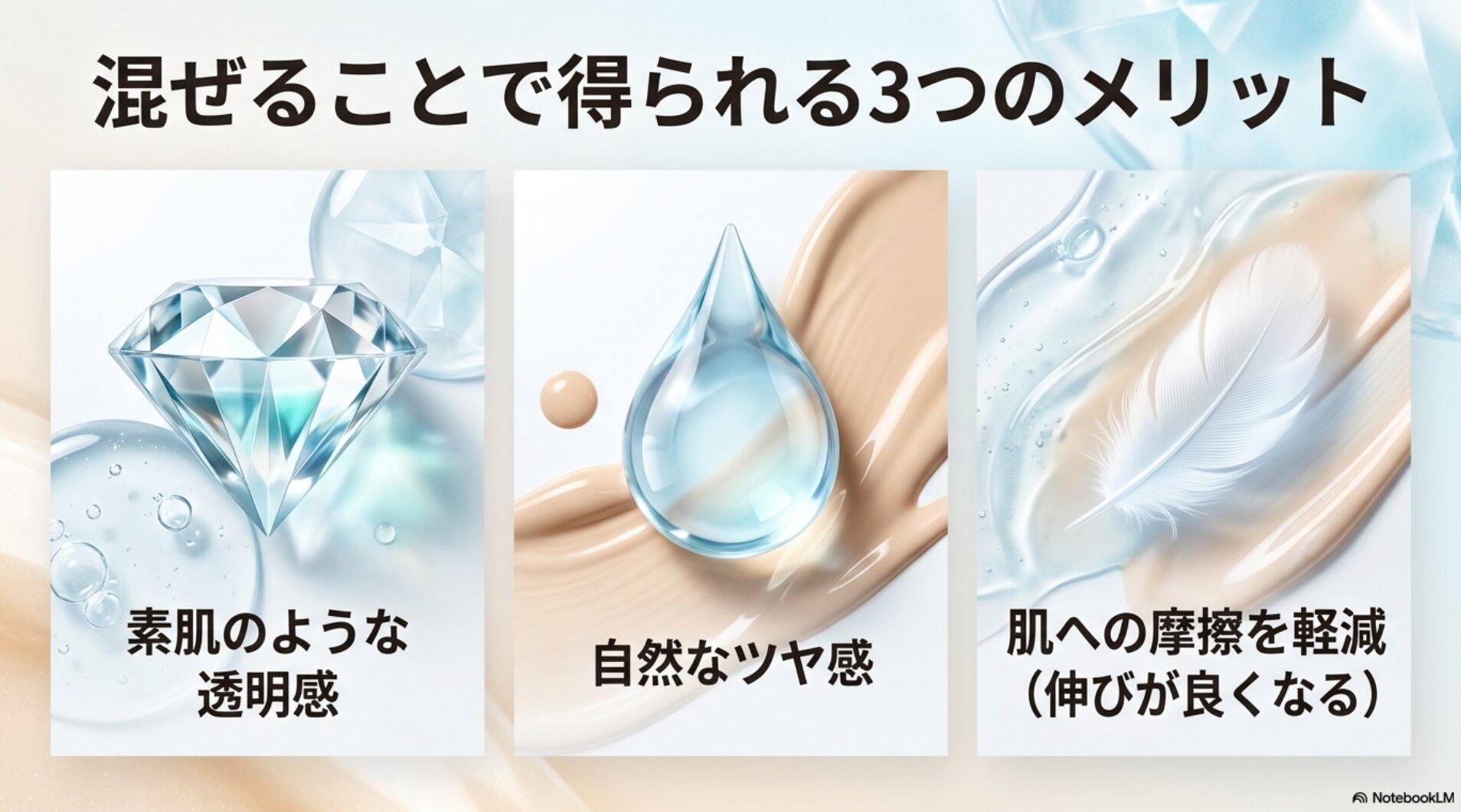 化粧水を混ぜることで得られる「素肌のような透明感」「自然なツヤ感」「摩擦の軽減」の3つのメリット紹介
