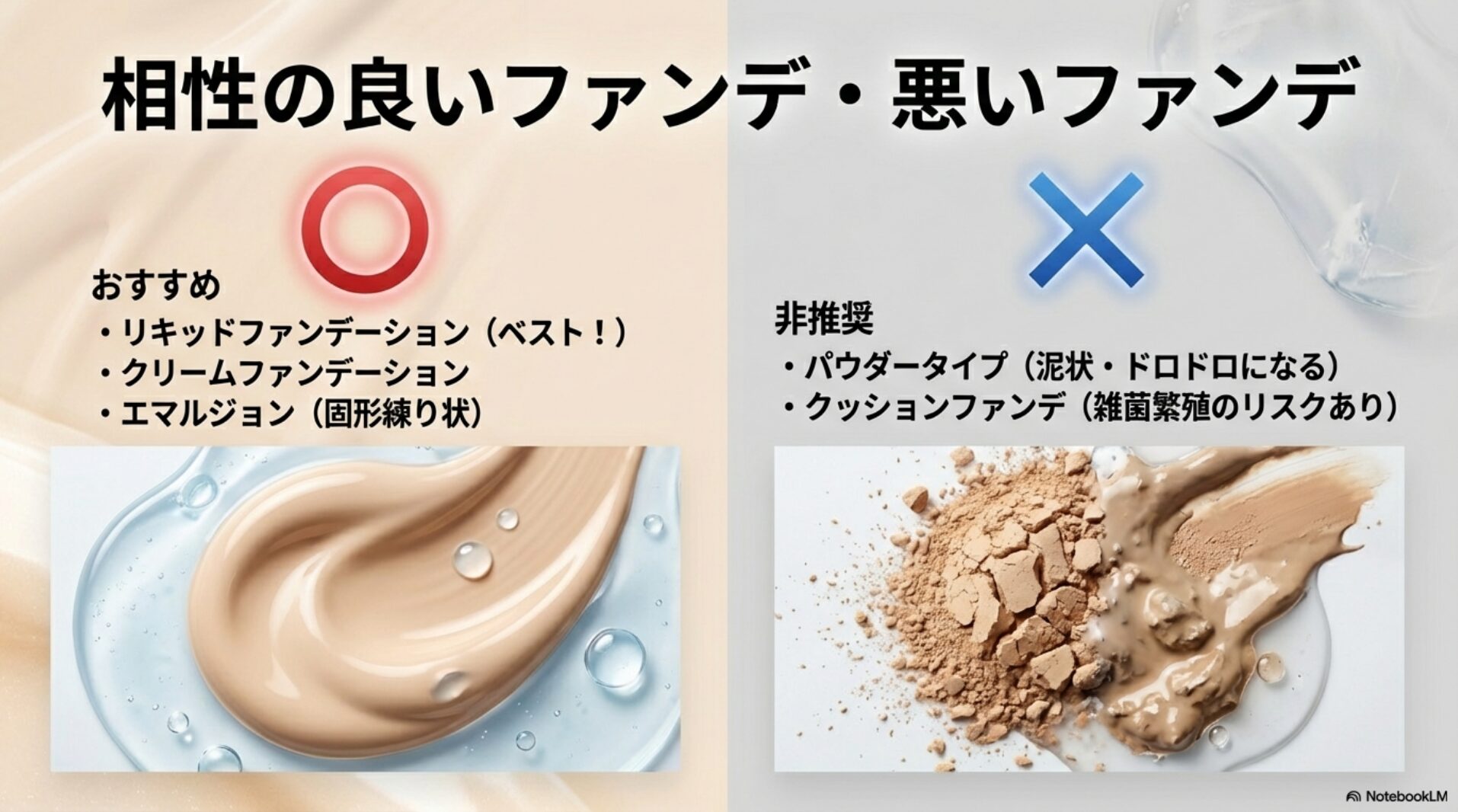 リキッドやクリームタイプは推奨、パウダーやクッションタイプは非推奨であることを示す比較表